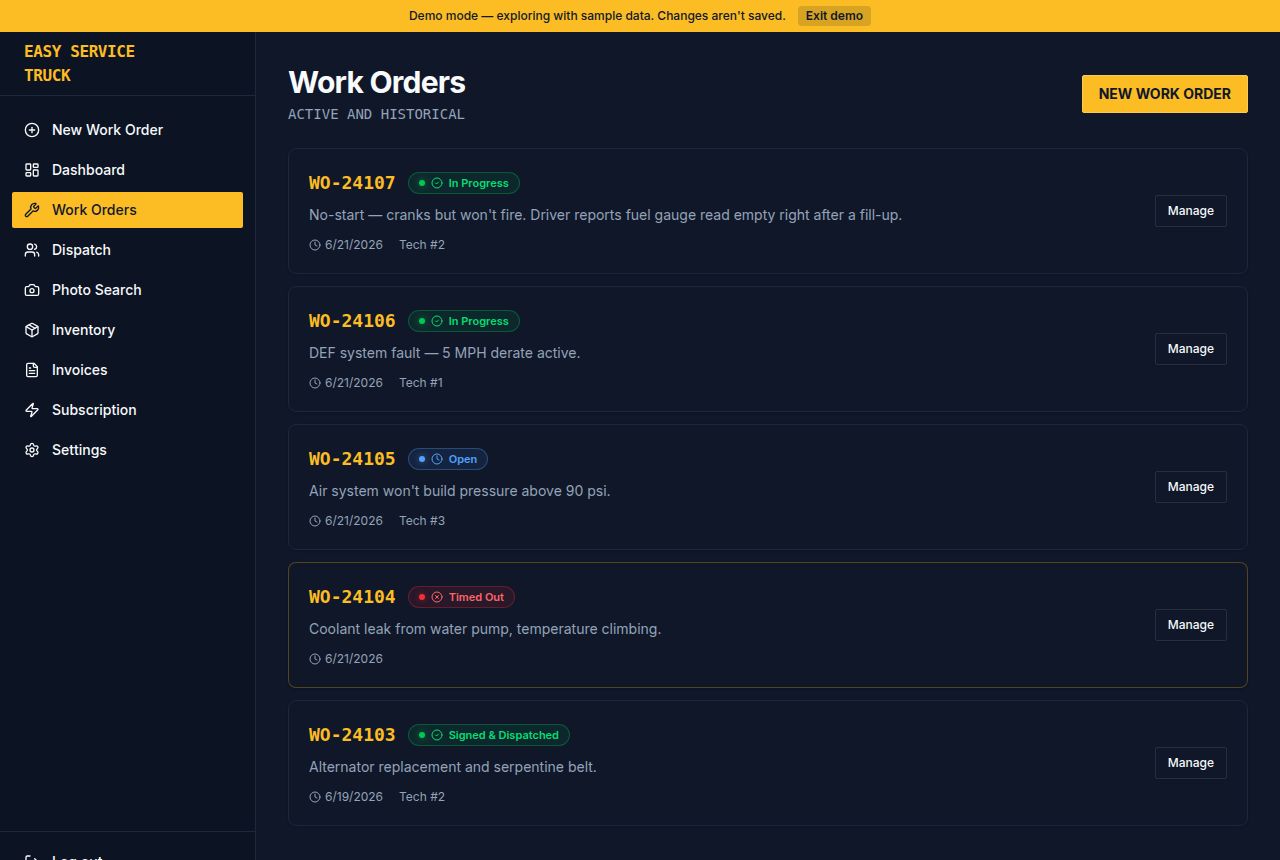 Work Orders screen
